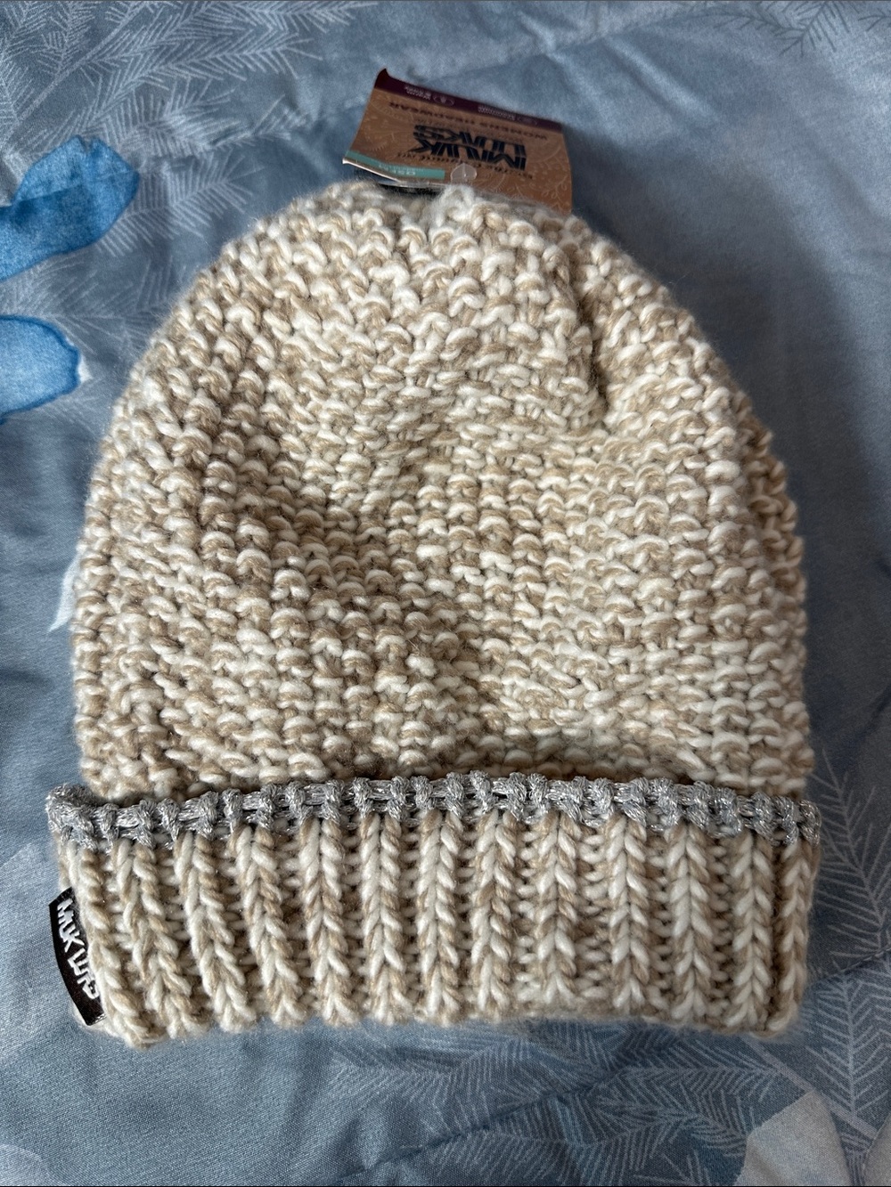 NWTS Muk Luks Cream Knit Beanie with Silver Trim OS